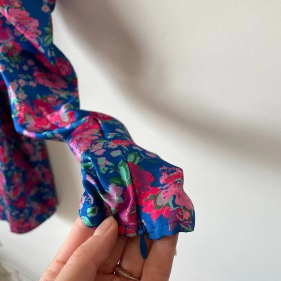 For Love & Lemons Puff Sleeve Open Back Annie Mini Dress Blue Pink Floral Sz S - Picture 9 of 14